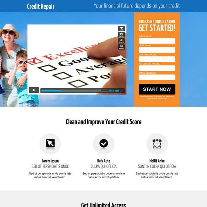 credit repair lead gen responsive video landing page design Credit Repair example