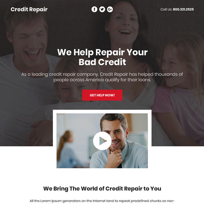 bad credit repair video responsive funnel page design Credit Repair example