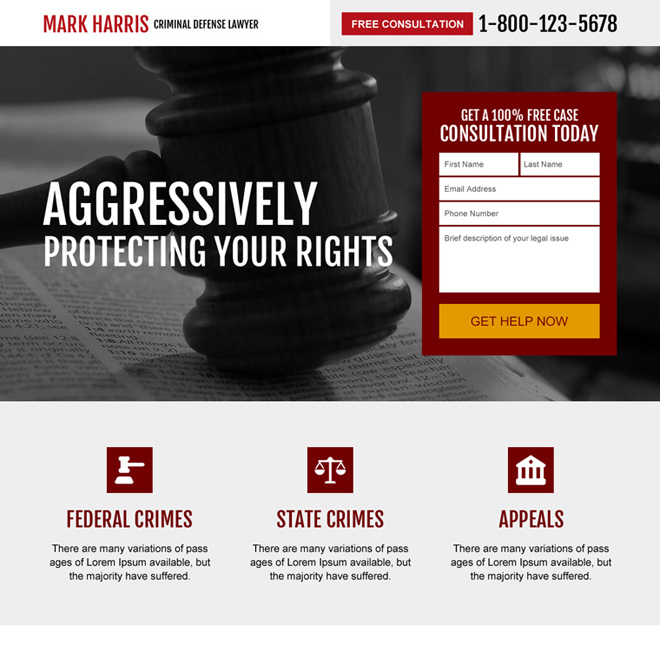 criminal defense lawyer responsive landing page design Attorney and Law example