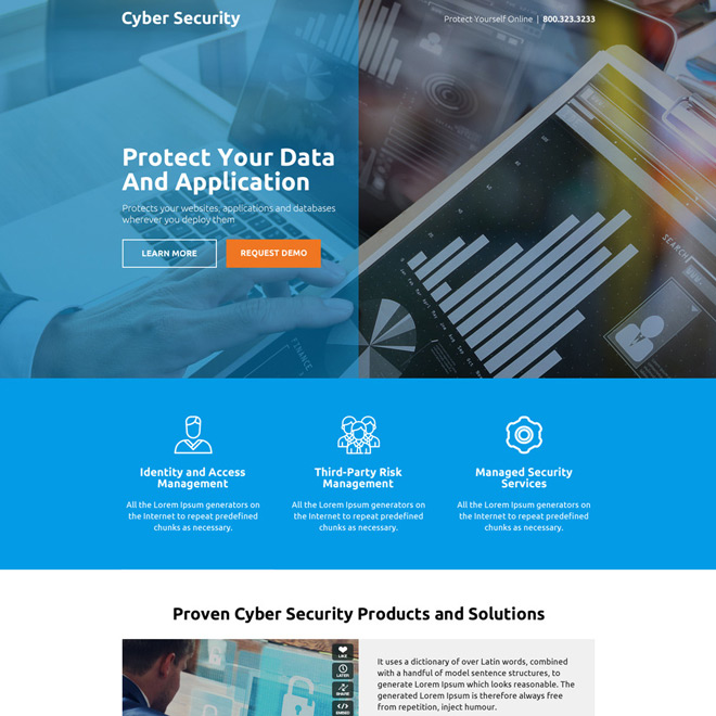 cyber security product and services responsive landing page design