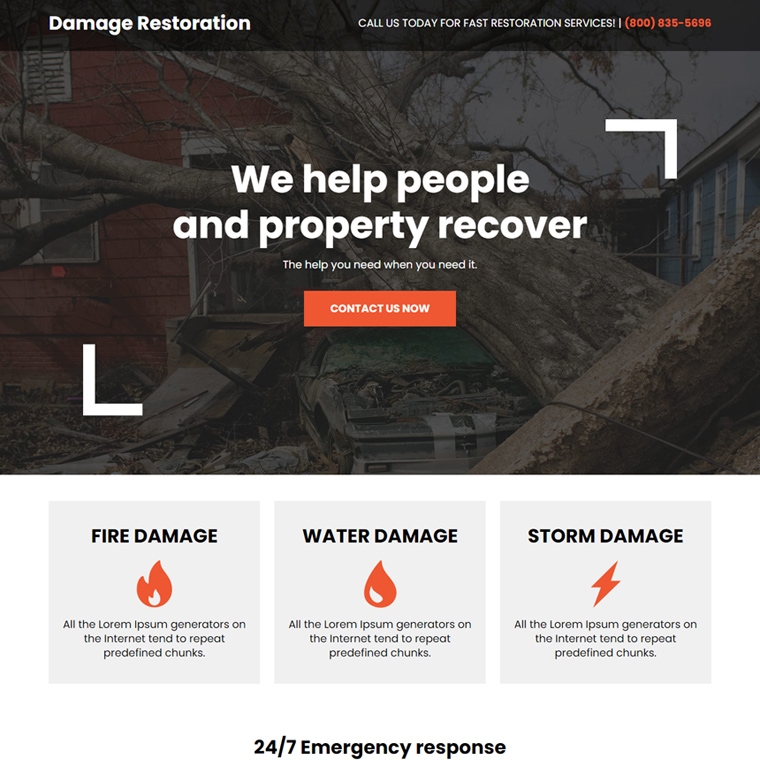 minimal damage recovery service landing page Damage Restoration example