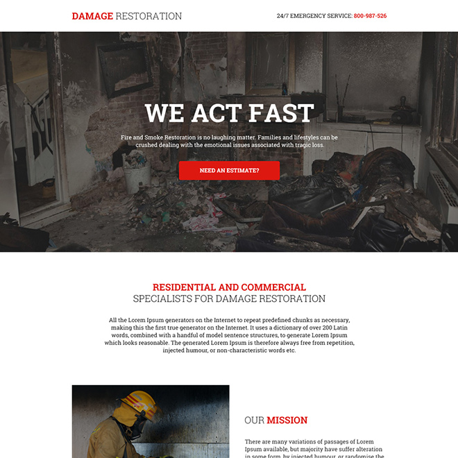 fire and smoke damage restoration responsive landing page Damage Restoration example