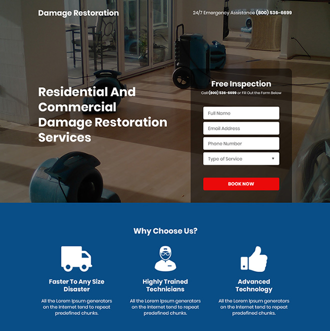 residential and commercial damage restoration services responsive landing page Damage Restoration example