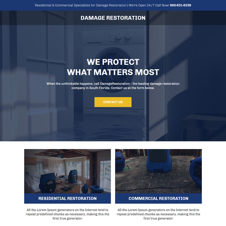 damage restoration specialist responsive landing page Damage Restoration example