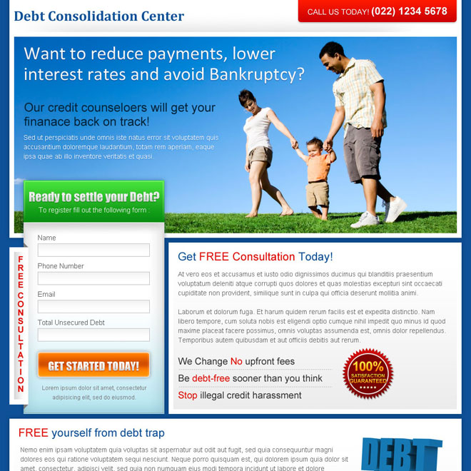 debt consolidation center lead capture landing page design for sale Debt example