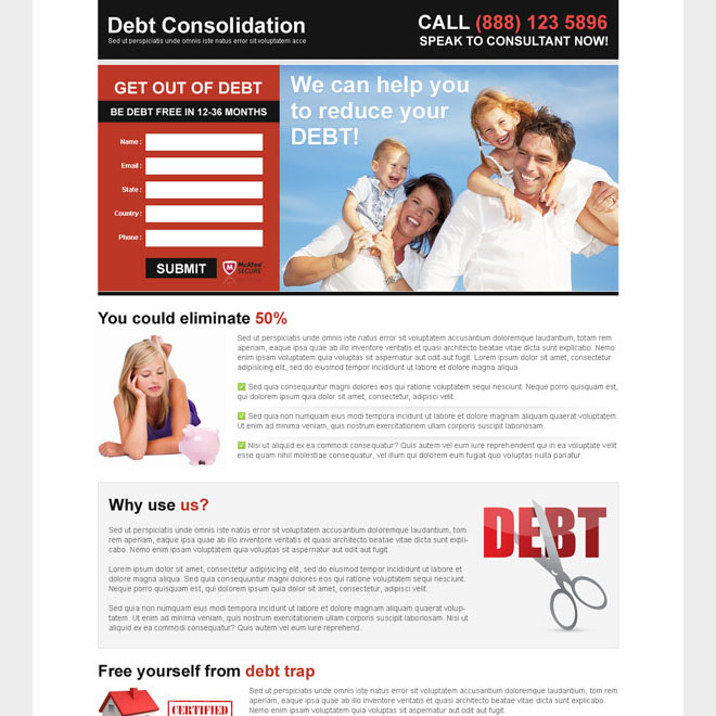 debt consolidation attractive and appealing lead capture landing page design Debt example