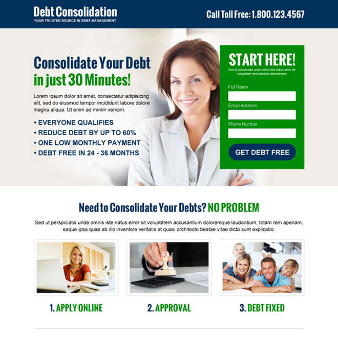 visually appealing and converting debt consolidation responsive small lead capture landing page design