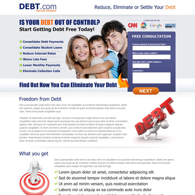 eliminate your debt small lead capture form landing page Debt example