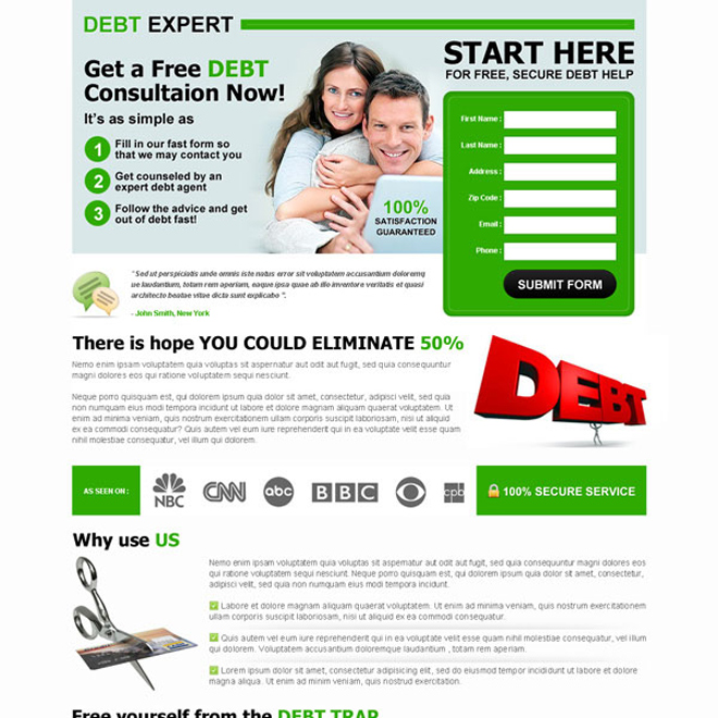 debt free consultation clean lead gen converting landing page Debt example