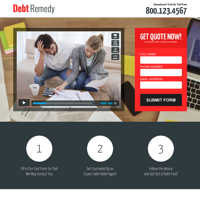 debt relief business converting responsive lead capture landing page design Debt example