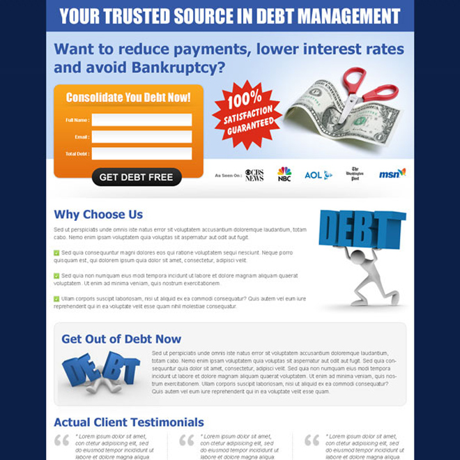 your trusted source in debt management simple lead capture landing page design