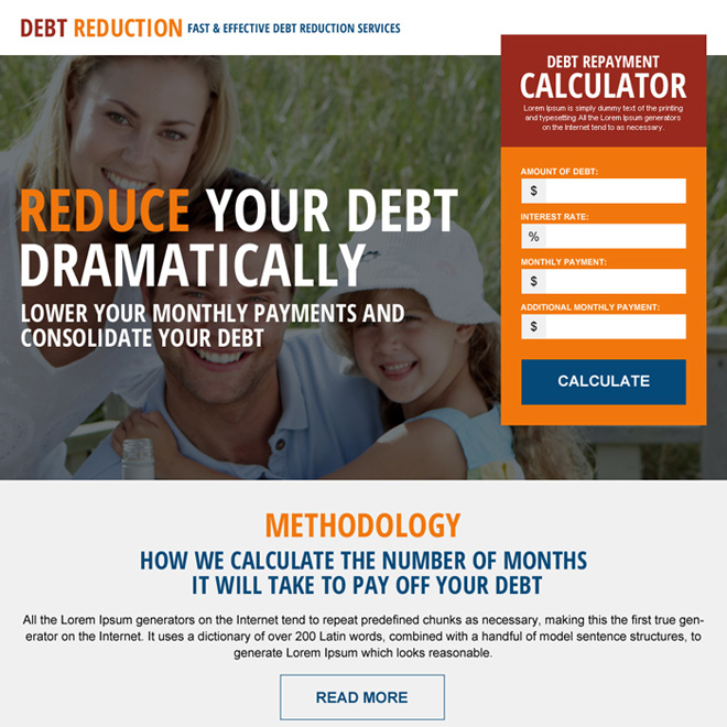 debt reduction repayment calculator landing page design