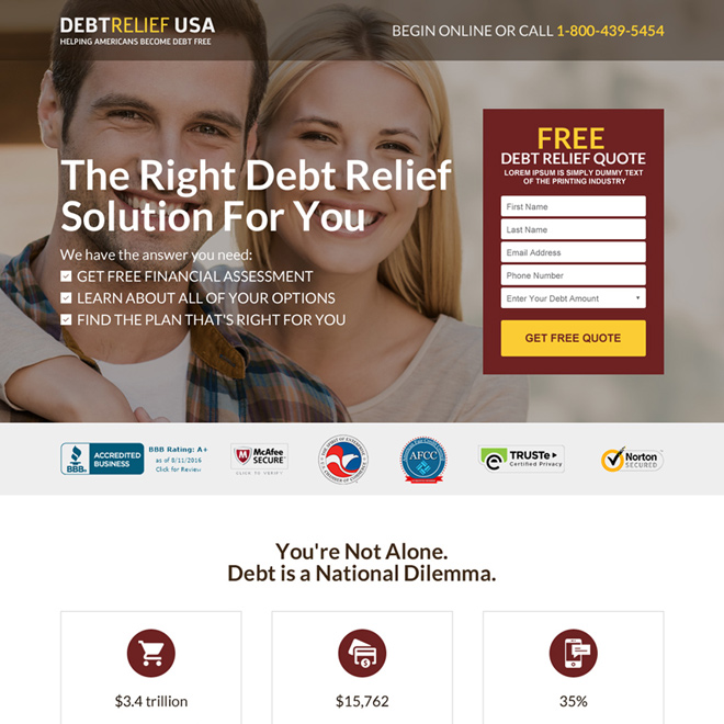 debt relief america free consultation responsive landing page Debt example