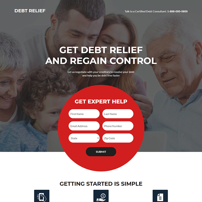 debt relief assistance responsive landing page design Debt example