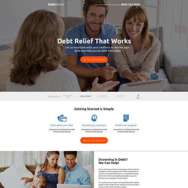 responsive debt relief evaluation strong call to action landing page