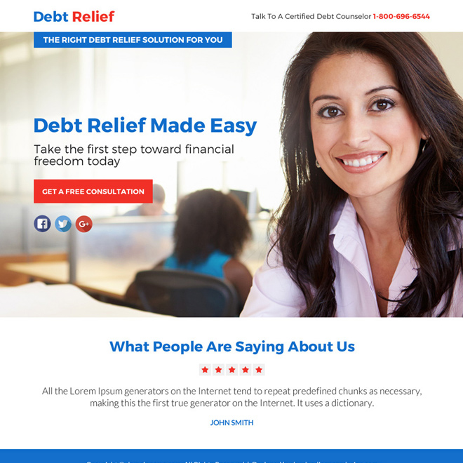 debt relief solution free consultation lead funnel responsive landing page