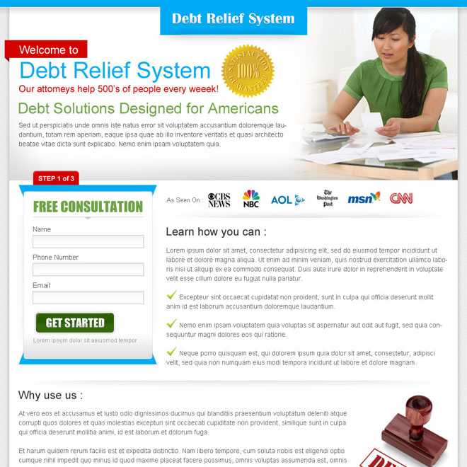 debt relief system clean and minimal landing page design for sale