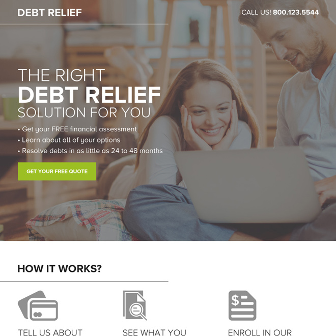 debt relief free quote lead capturing responsive landing page design