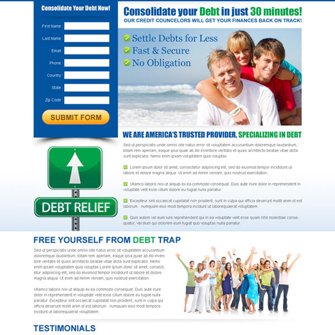 consolidate your debt effective and converting lead capture page