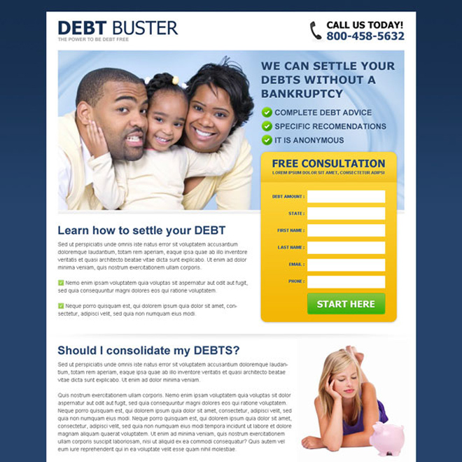 debt buster eliminate your debt without a bankruptcy free consultation lead gen page