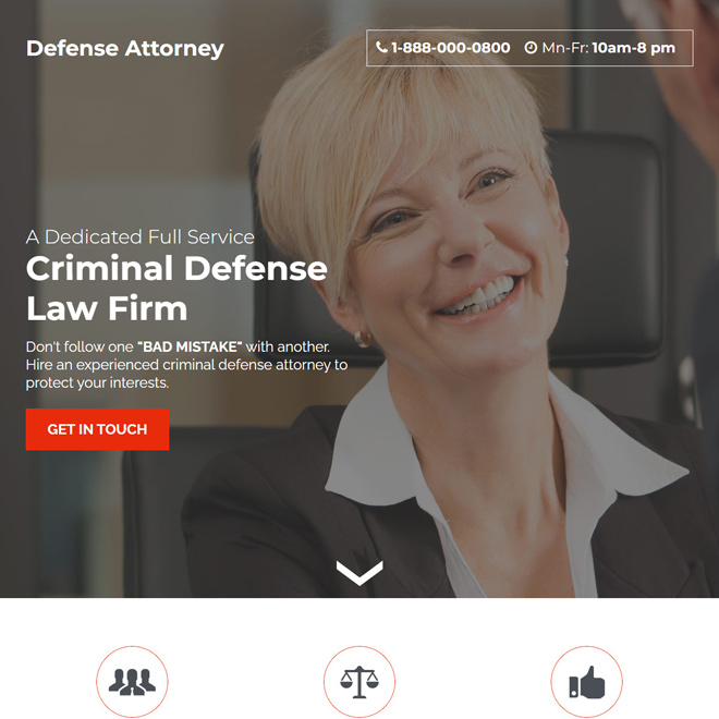 criminal defense attorney lead capture landing page Attorney and Law example