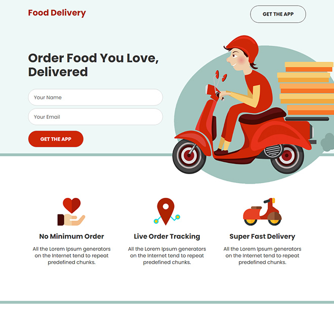 food delivery app service responsive landing page design Transportation example