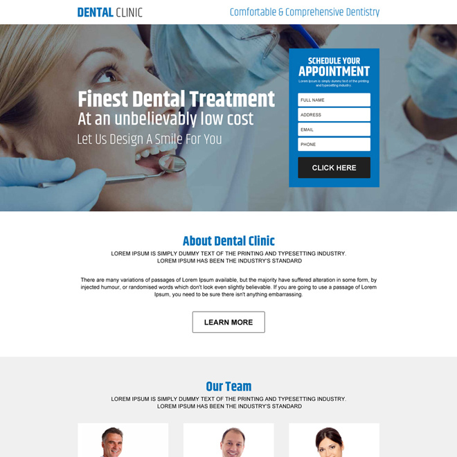 dental clinic appointment responsive landing page design Dental Care example