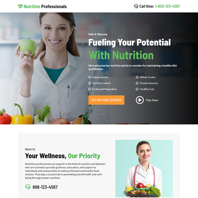 diet and nutrition professional lead capture landing page