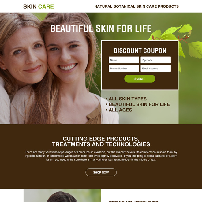 skin care product selling minimal landing page