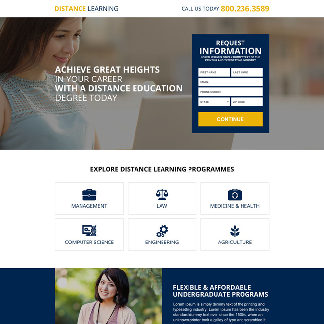 responsive distance learning information capturing landing page design Education example