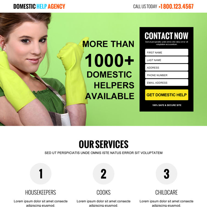 domestic help agency responsive lead capture landing page design Domestic Help example