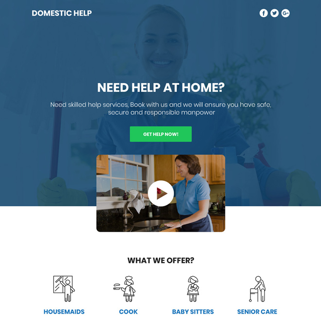 domestic help service responsive video funnel page design Domestic Help example