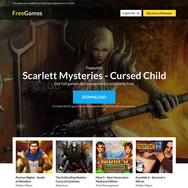 download free games signup capturing responsive landing page design Games example