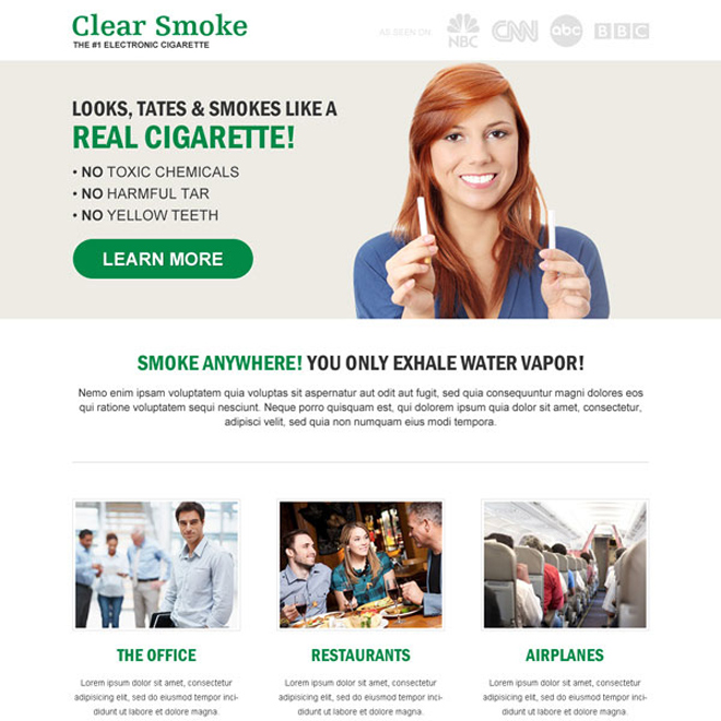 e-cigarette responsive landing page design E Cigarette example