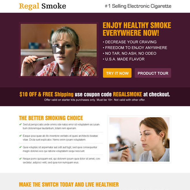 enjoy healthy smoke everywhere now with e-cigarette video responsive landing page design template E Cigarette example