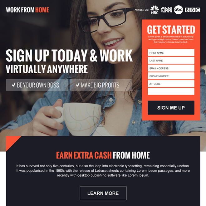 earn extra cash from home responsive landing page design Work from Home example