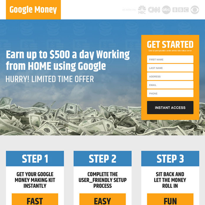 earn money online using google responsive lead capture landing page design Google Money example