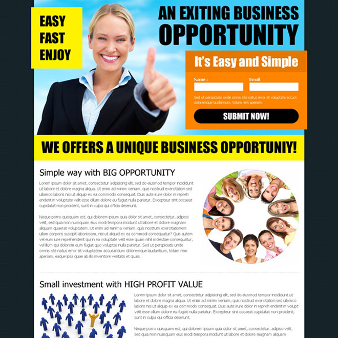 exciting and unique business opportunity effective lead capture landing page design Business example