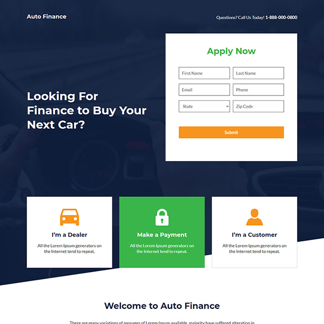 auto finance service online lead capture landing page