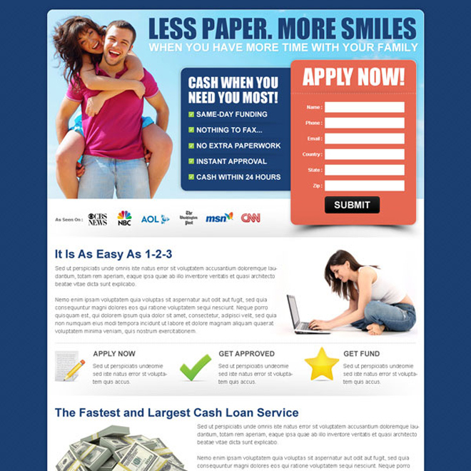 fastest and largest cash loan service landing page for capturing leads Loan example