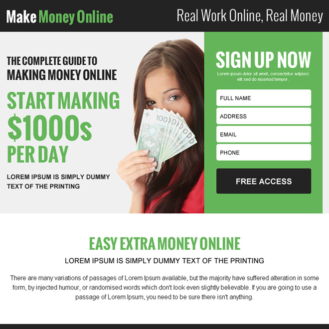 easy extra money online lead gen ppv landing page Make Money Online example