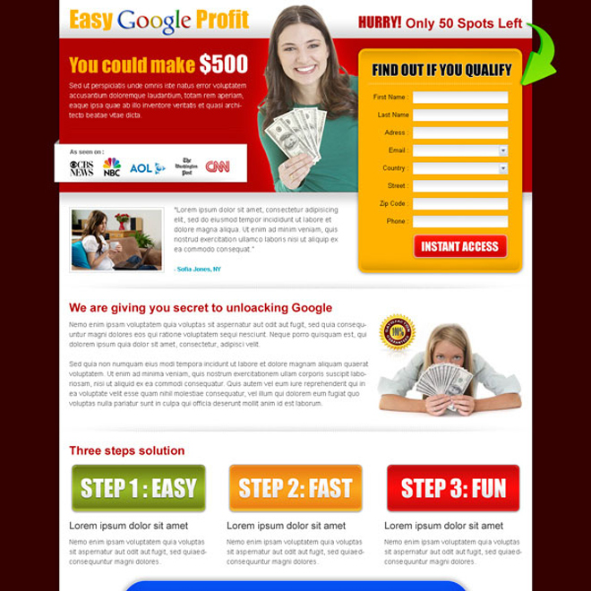 easy google profit landing page design template