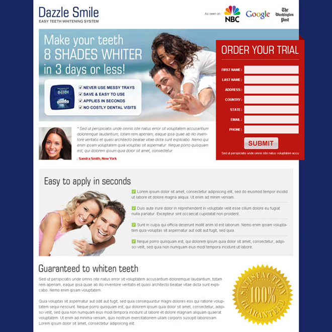 dazzle smile order your trial pack lead capture most converting landing page template Teeth Whitening example