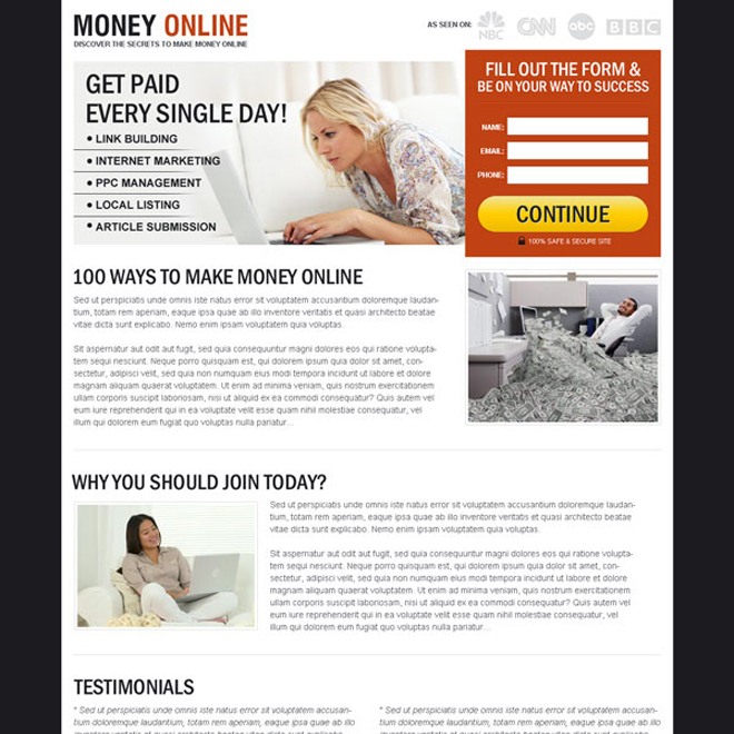 get paid every single day clean and converting lead capture landing page design Make Money Online example