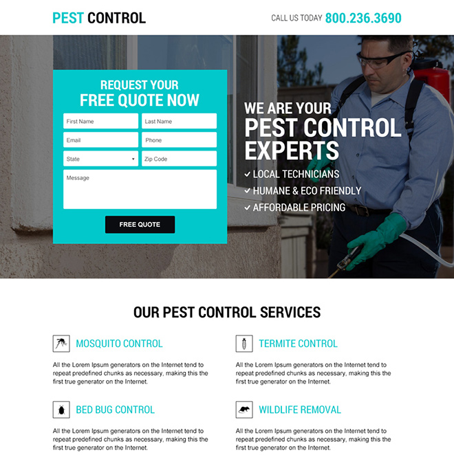 pest control service lead capture responsive landing page Pest Control example