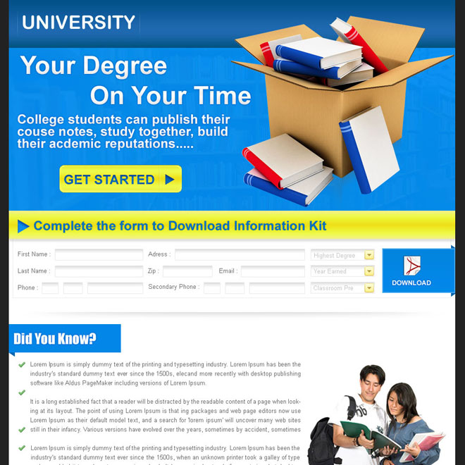 education lead capture landing page design for sale Education example