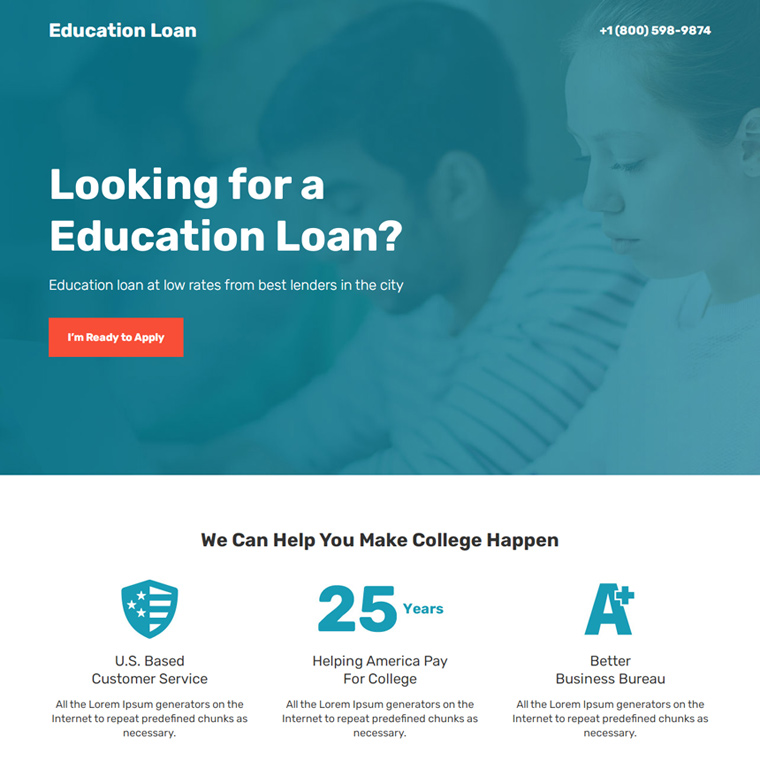 education loan lead capture landing page design Loan example