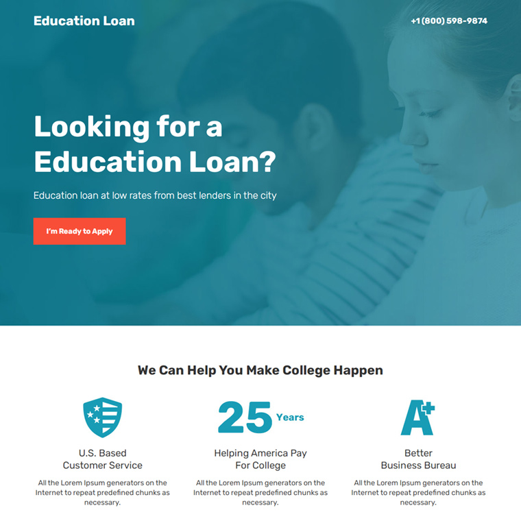 education loan lead capture landing page design