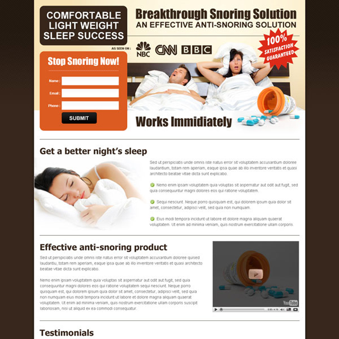 snoring solutions anti snoring pills lead capture landing page
