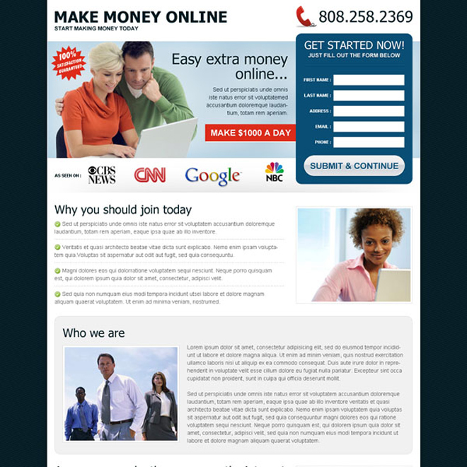 easy extra money online lead capture squeeze page design